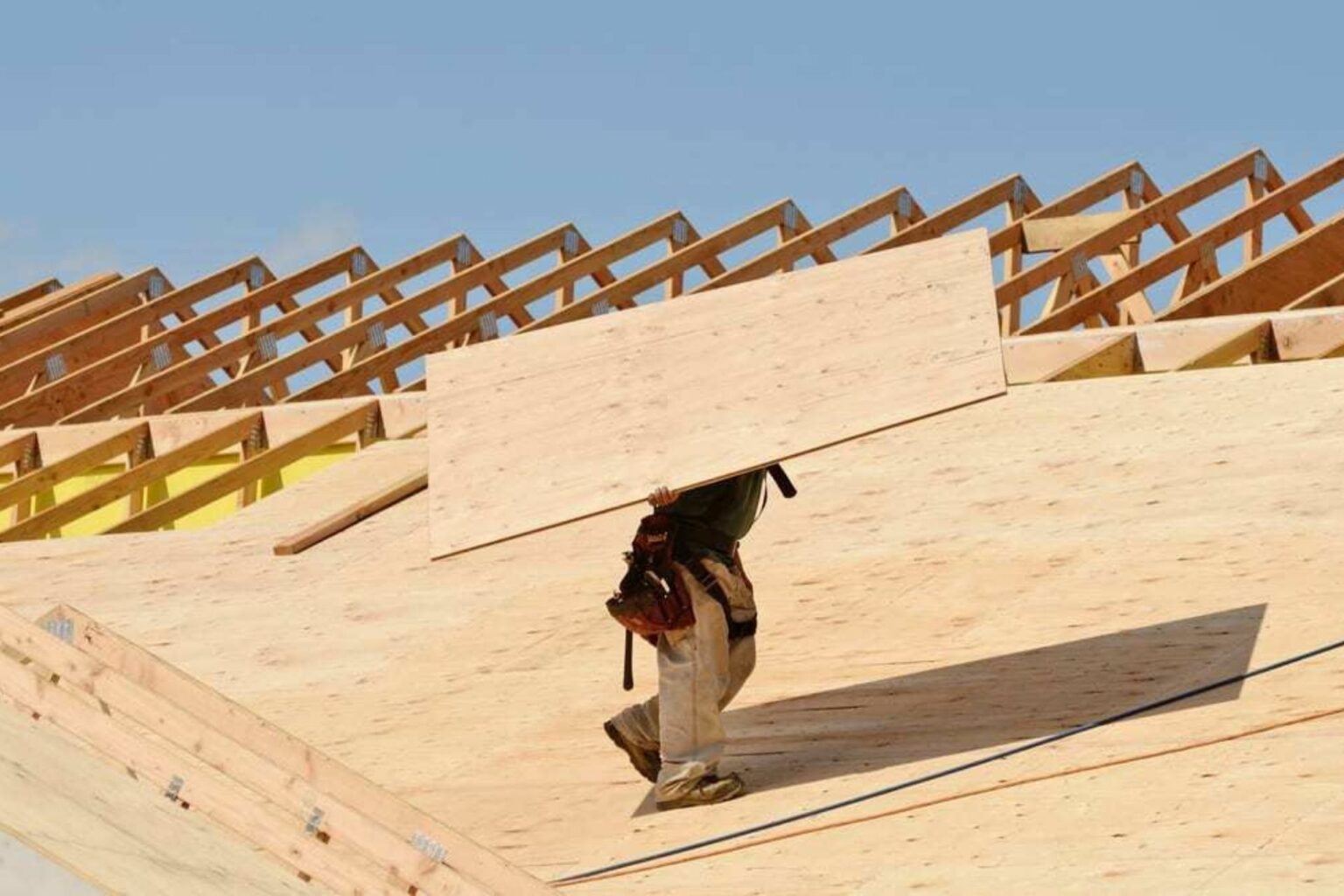 a worker carrying sheathing for a roof